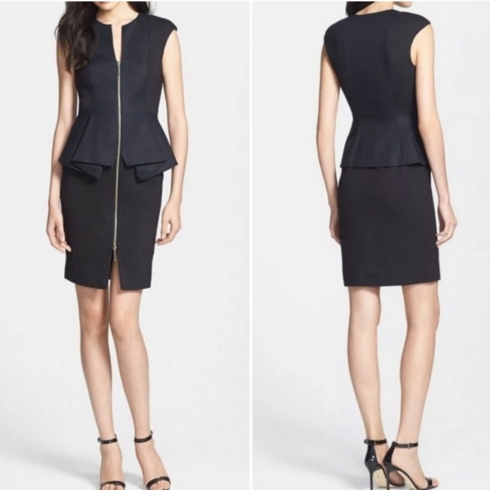 Ted Baker Black Peplum Midi Dress with Front Zip